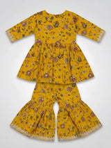 Girls Olive Green Printed Sharara Set.