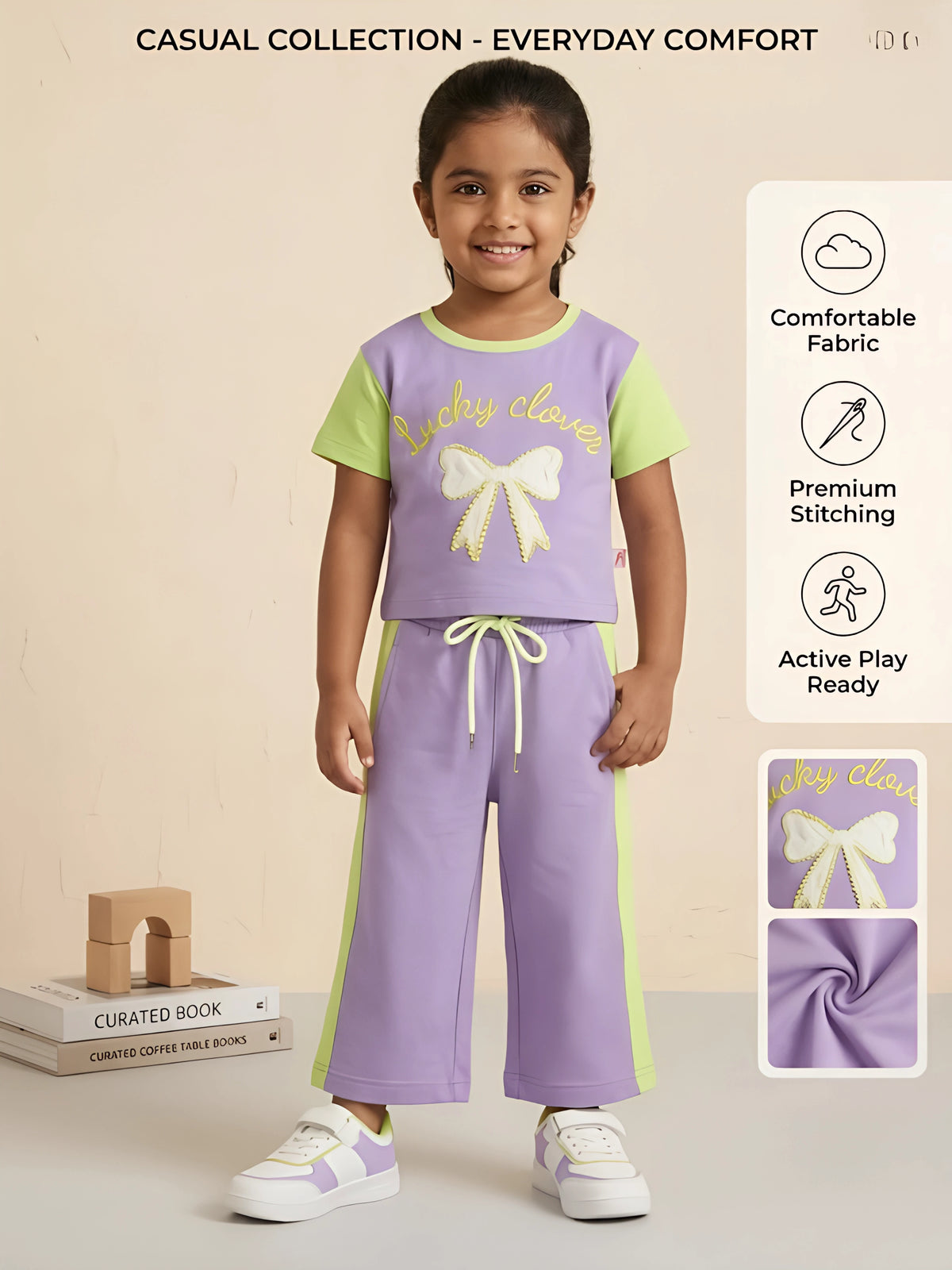 Purple Graphic Print Bow Girls Coordinate Set