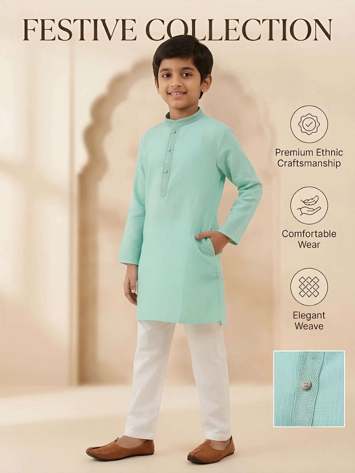 Blue Solid Cotton Kurta Pajama Set for Boys