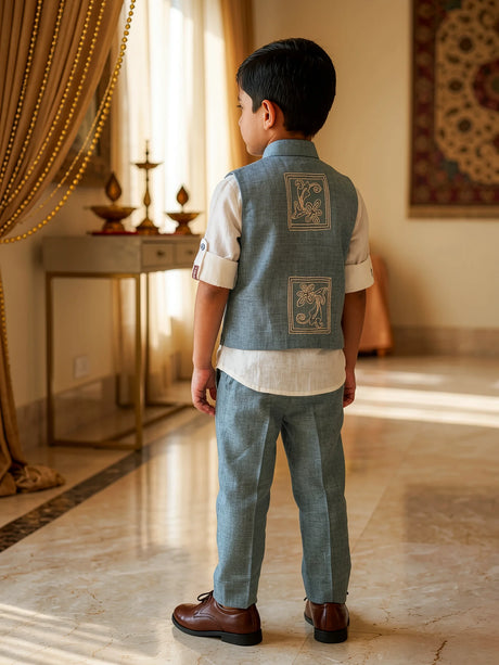 Boys Elegant Powder Blue Embroidered Waistcoat and Trouser Set with White Shirt
