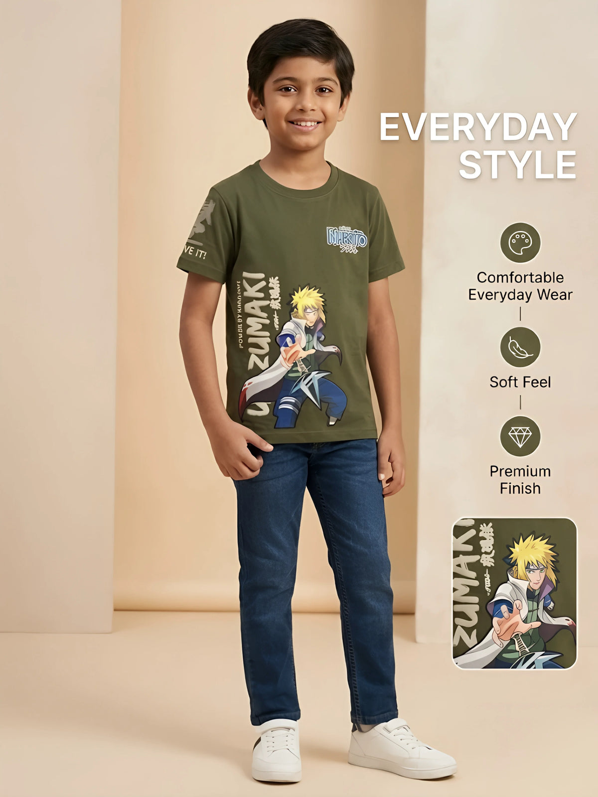 Boys Olive Green Anime Graphic Printed Casual T-Shirt