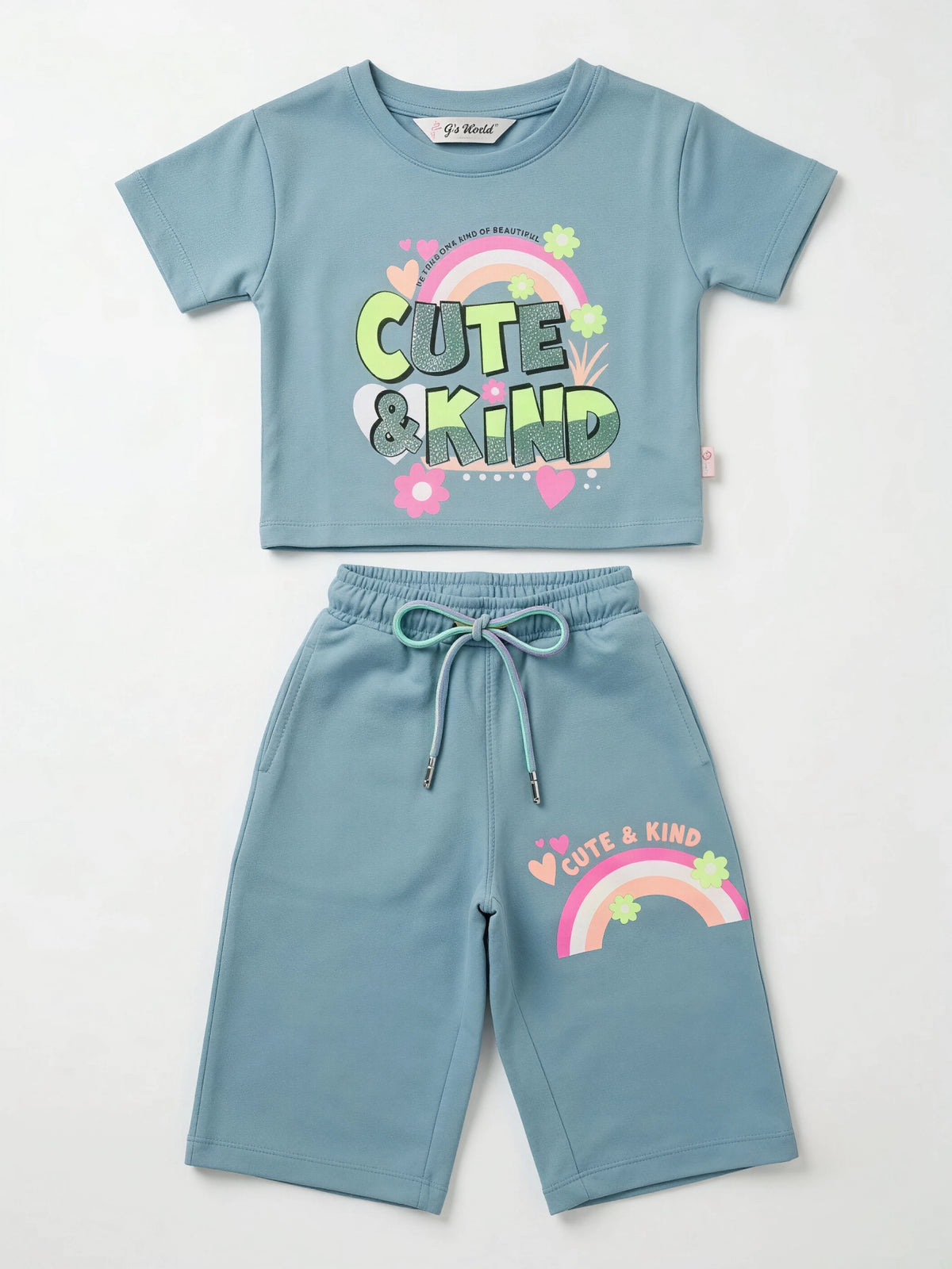 Green Cute and Kind Graphic Print Girls Coordinate Set