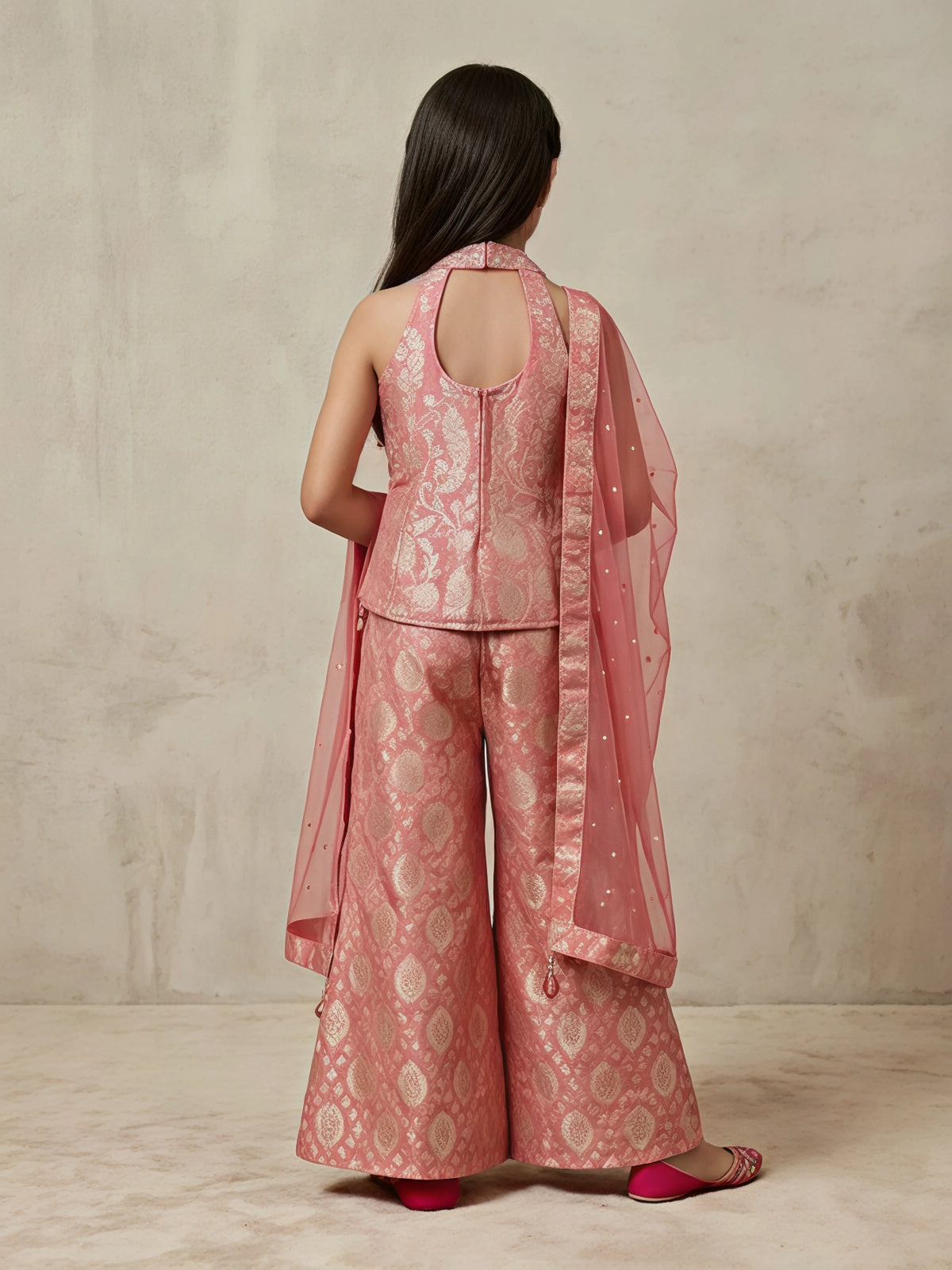 Girls Pink Ethnic Woven Palazzo Set with Dupatta.