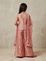 Girls Pink Ethnic Woven Palazzo Set with Dupatta.