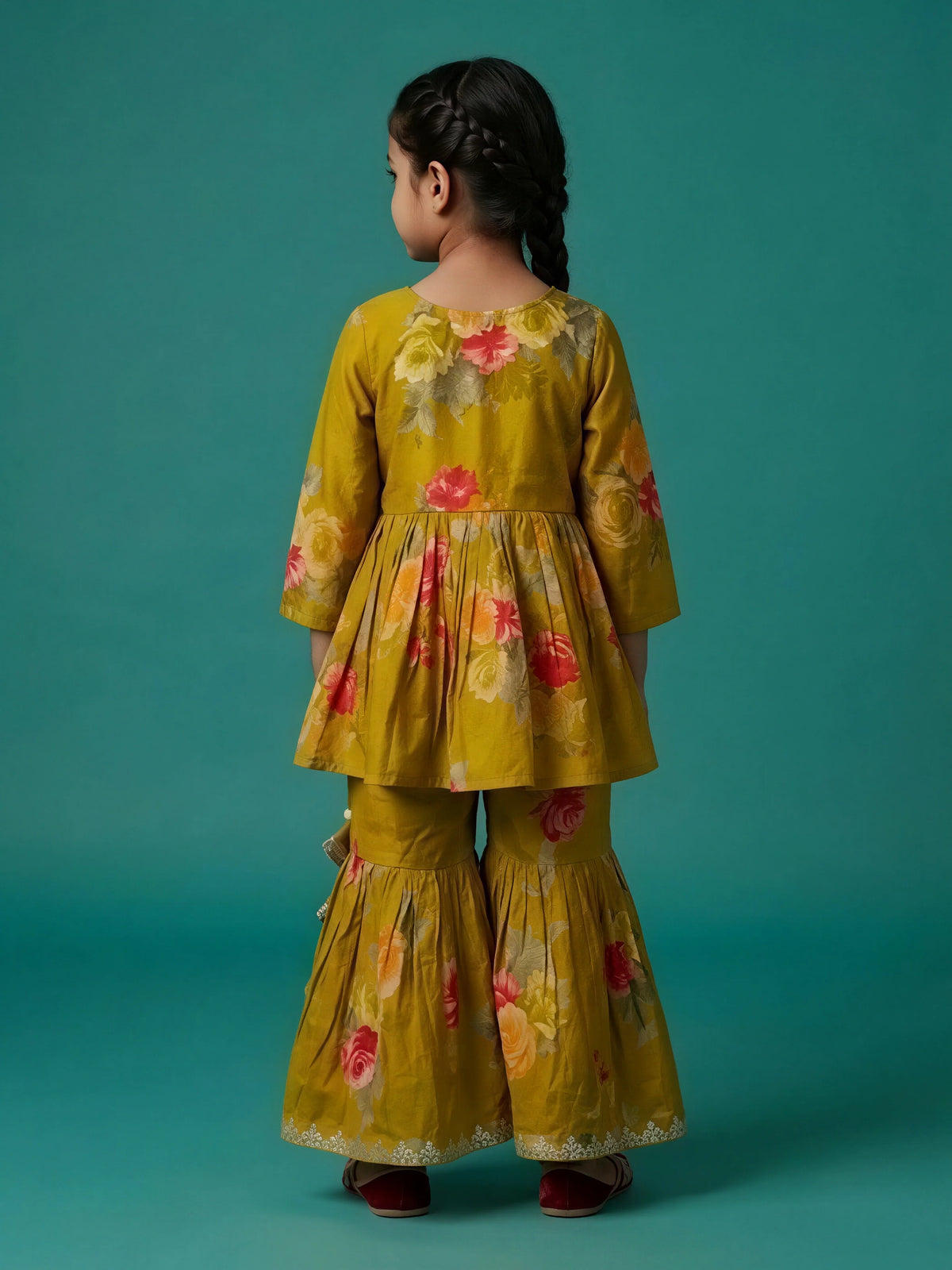 Girls Green Floral Printed Sharara Set.
