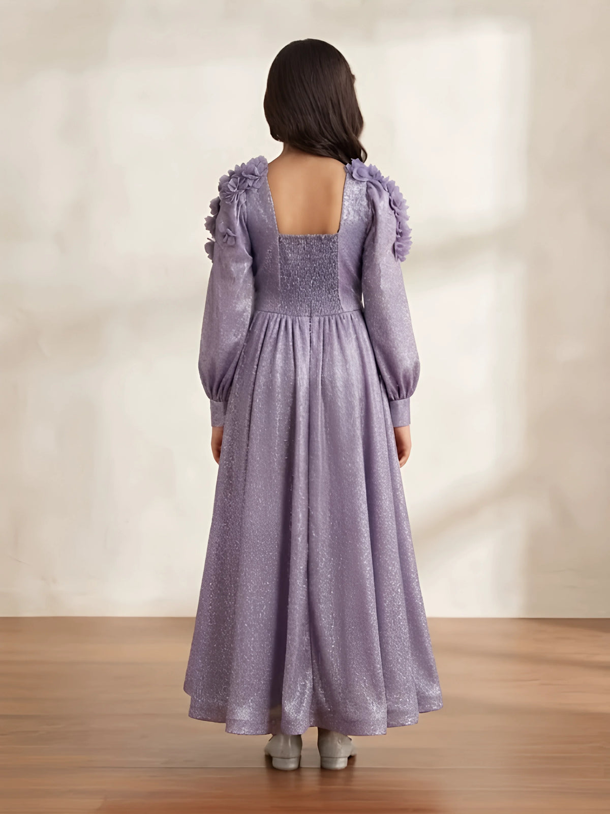 Purple Metallic Pleated Gown with Ruffled Shoulder Kids Ethnic Wear