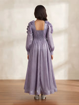 Purple Metallic Pleated Gown with Ruffled Shoulder Kids Ethnic Wear