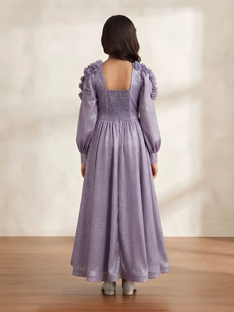Purple Metallic Pleated Gown with Ruffled Shoulder Kids Ethnic Wear