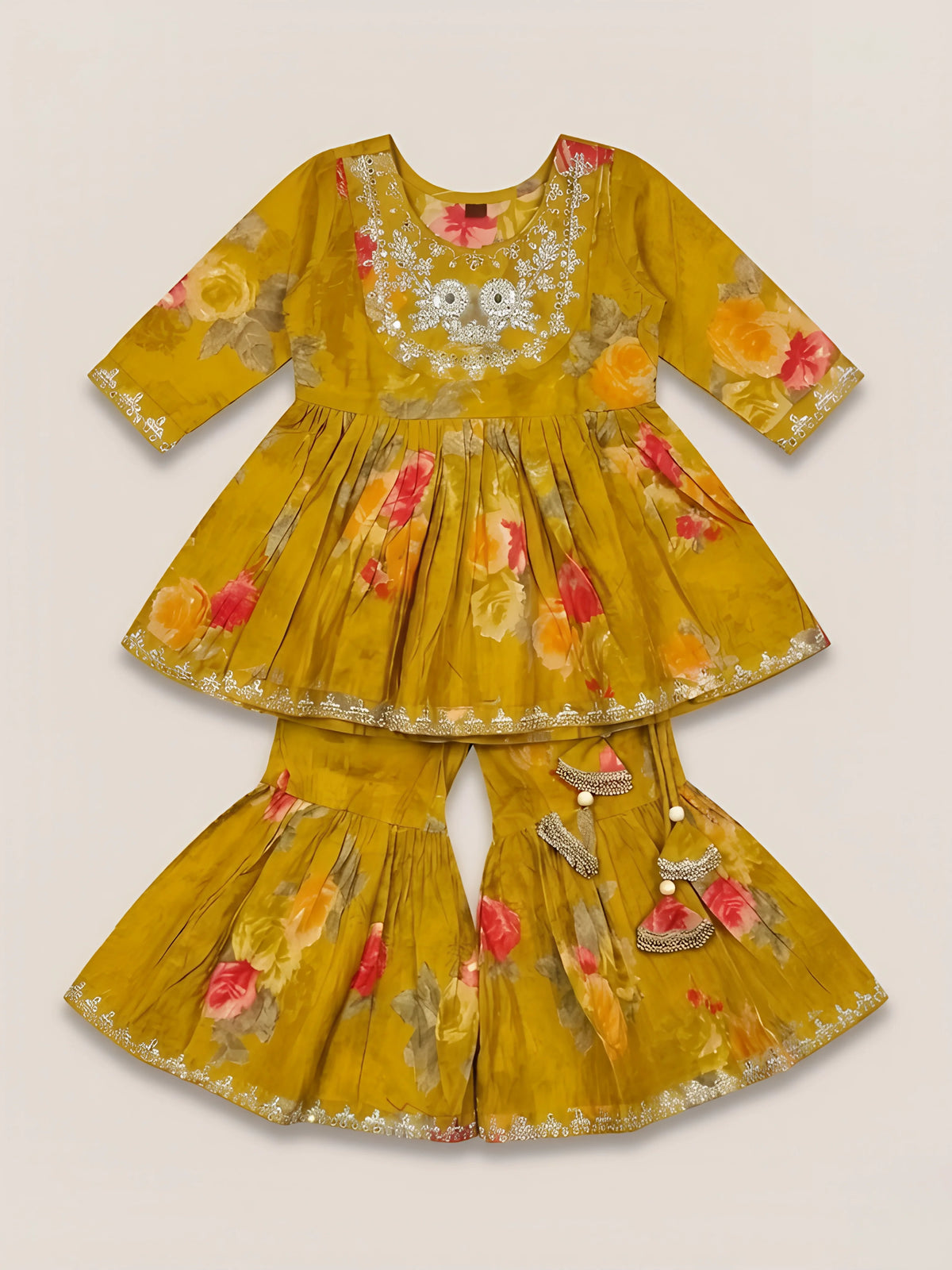 Girls Green Floral Printed Sharara Set.