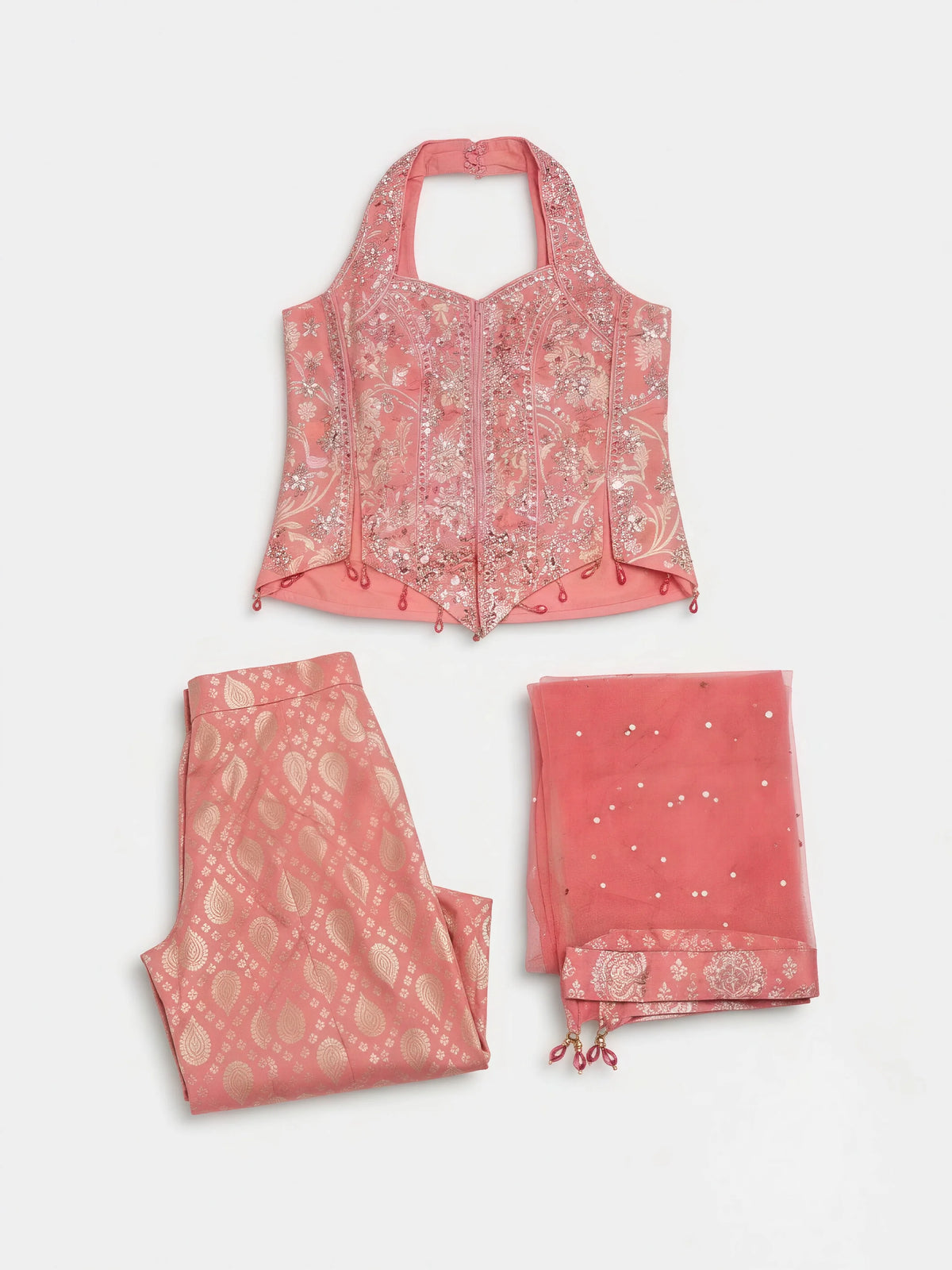 Girls Pink Ethnic Woven Palazzo Set with Dupatta.