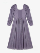 Purple Metallic Pleated Gown with Ruffled Shoulder Kids Ethnic Wear