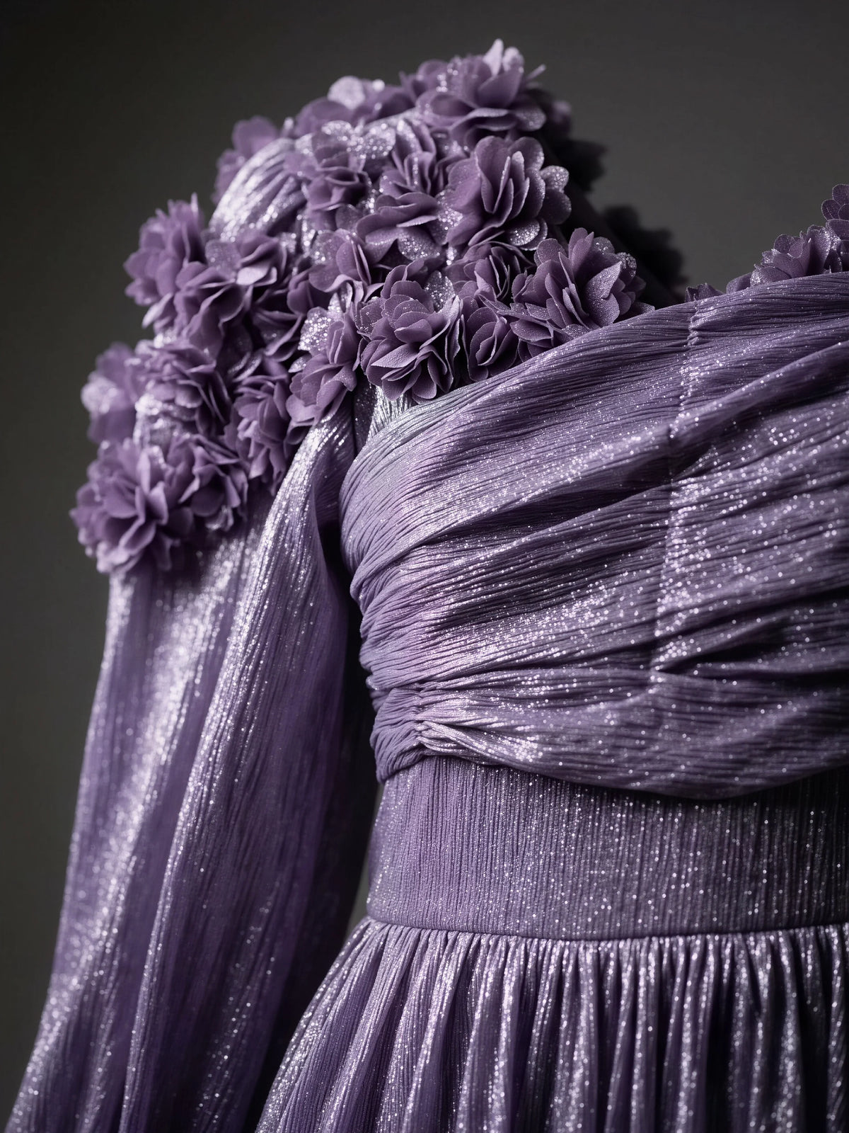 Purple Metallic Pleated Gown with Ruffled Shoulder Kids Ethnic Wear