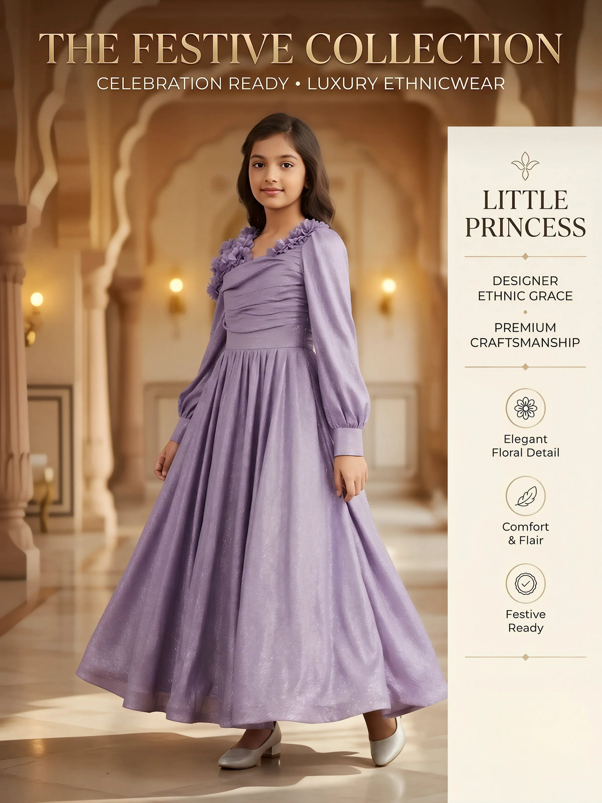 Purple Metallic Pleated Gown with Ruffled Shoulder Kids Ethnic Wear