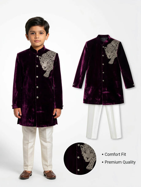 Boys Royal Purple Velvet Sherwani with Panther Embroidery ()