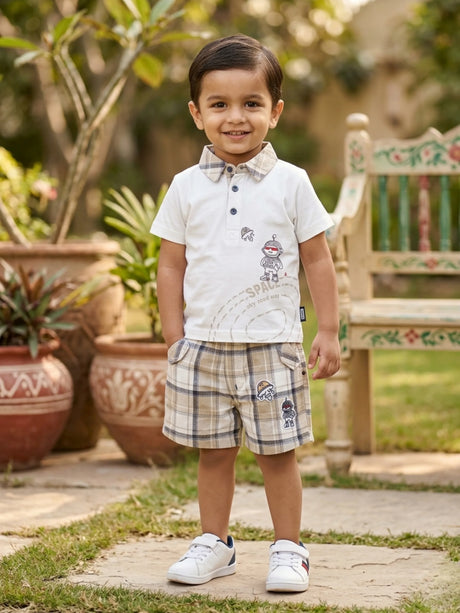 Boys Cream Space Explorer Polo & Plaid Shorts Coordinate Set