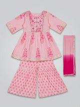 Girls Pink Floral Embroidery Printed Sharara Set with Dupatta.
