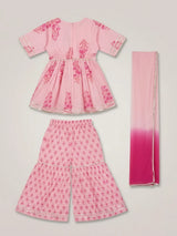 Girls Pink Floral Embroidery Printed Sharara Set with Dupatta.