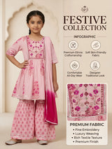 Girls Pink Floral Embroidery Printed Sharara Set with Dupatta.