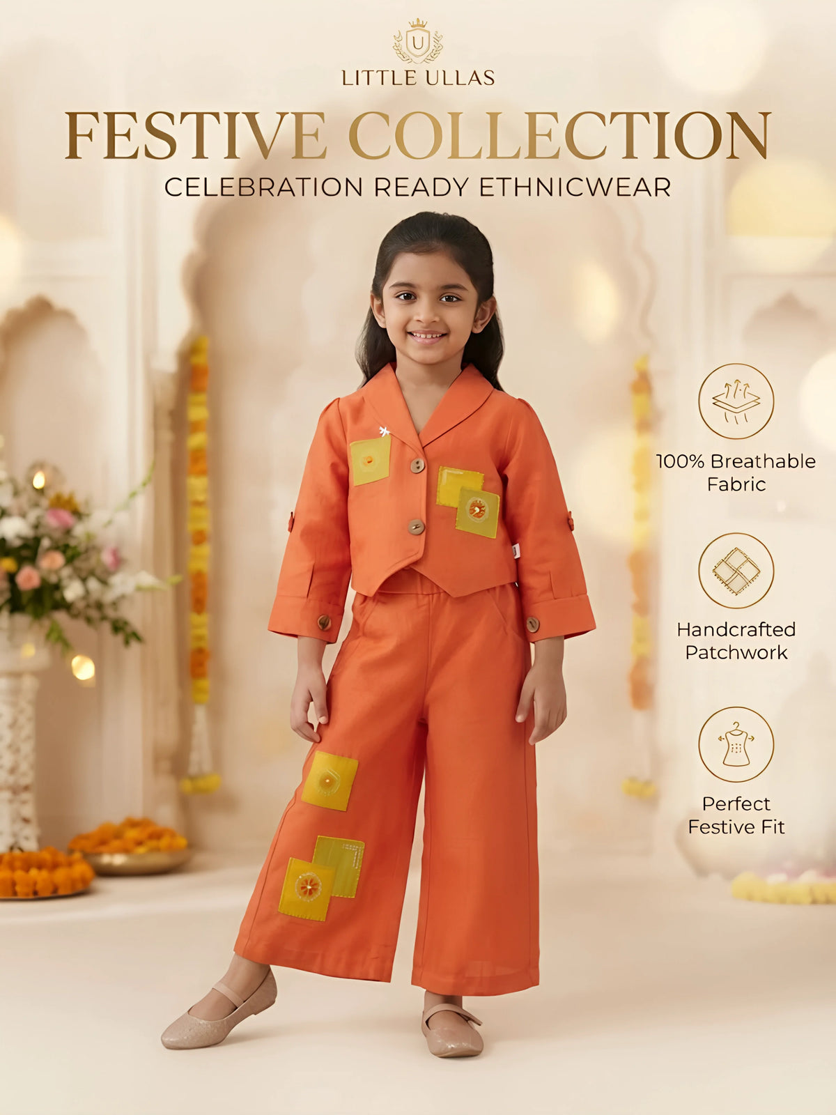 Orange Patchwork Design Palazzo Set with Jacket