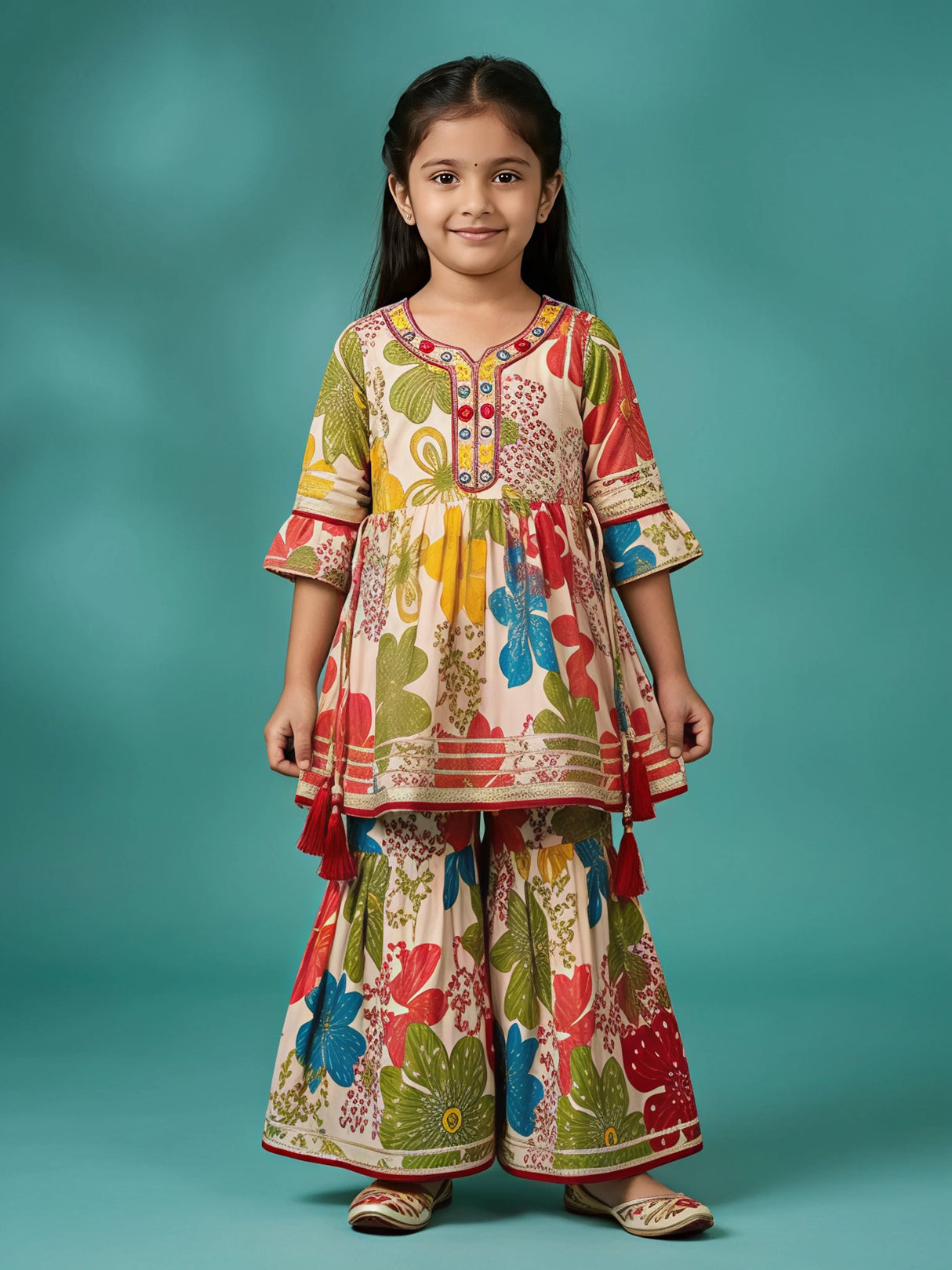 Little girl wearing a peach multicolor floral print kurta and flared sharara set with tassels and embroidered neckline