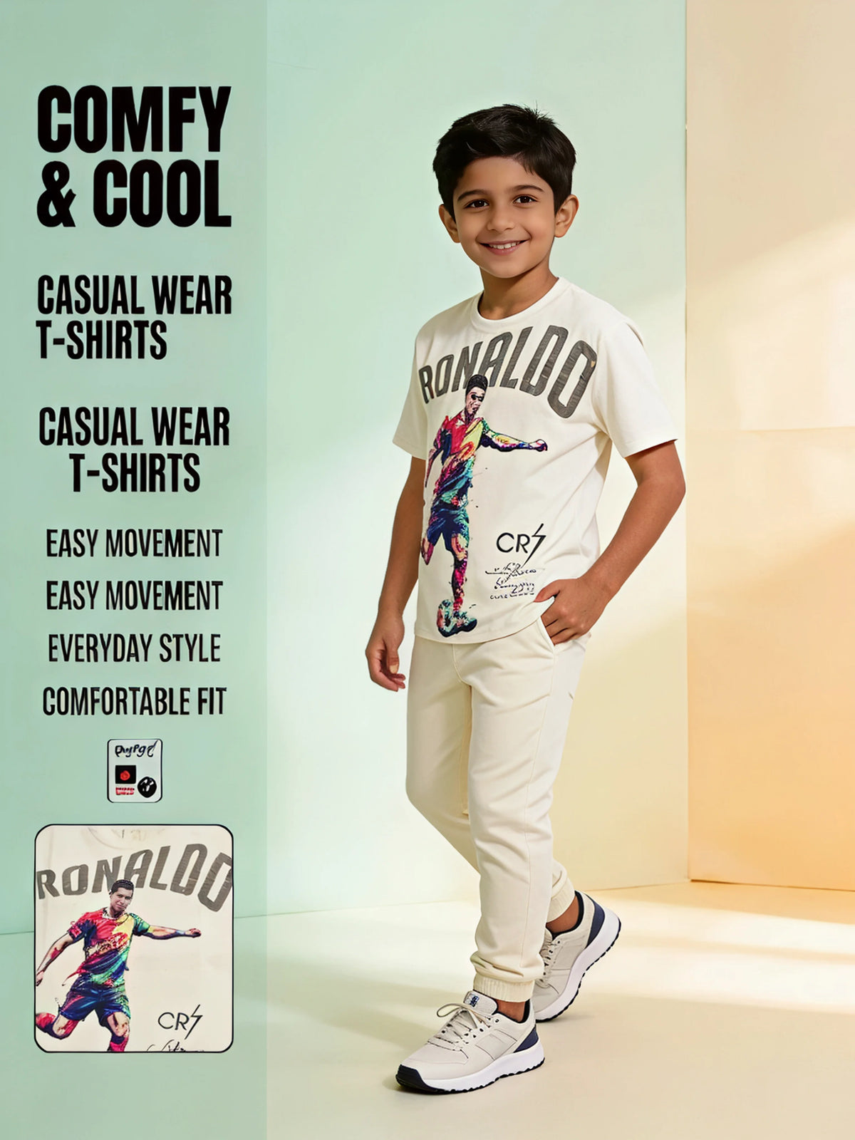Boys Cream Ronaldo Graphic Print T-Shirt