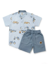 Boys Light Blue Printed Shirt and Shorts Set.