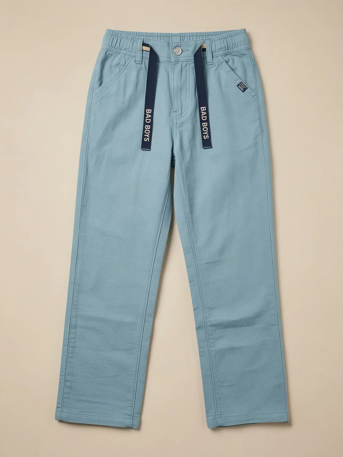 Boys Blue Casual Stretch Trousers with Drawstring Accent