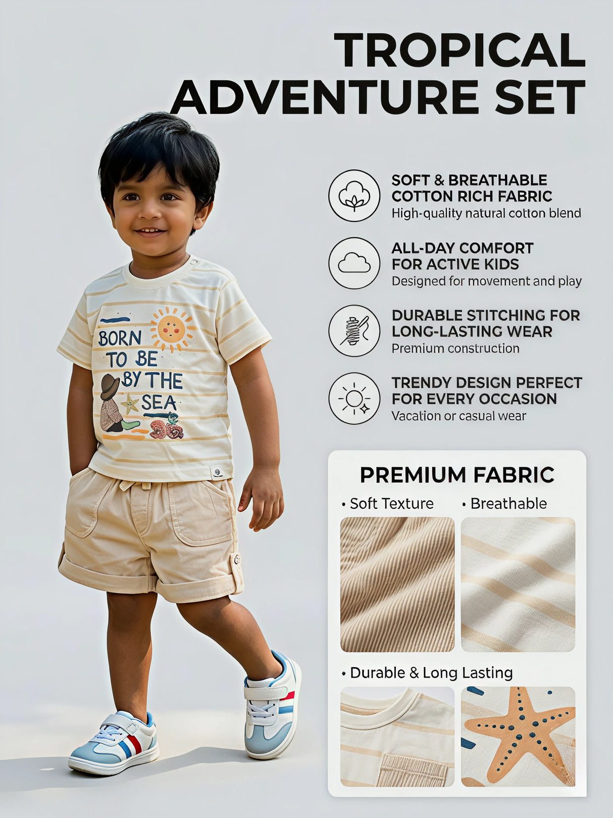 Boys Cream "Born By The Sea" T-Shirt and Shorts Coord Set