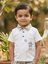 Boys Cream Space Explorer Polo & Plaid Shorts Coordinate Set