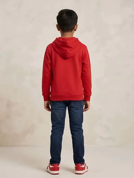 Boys Red Printed Hooded T-Shirt