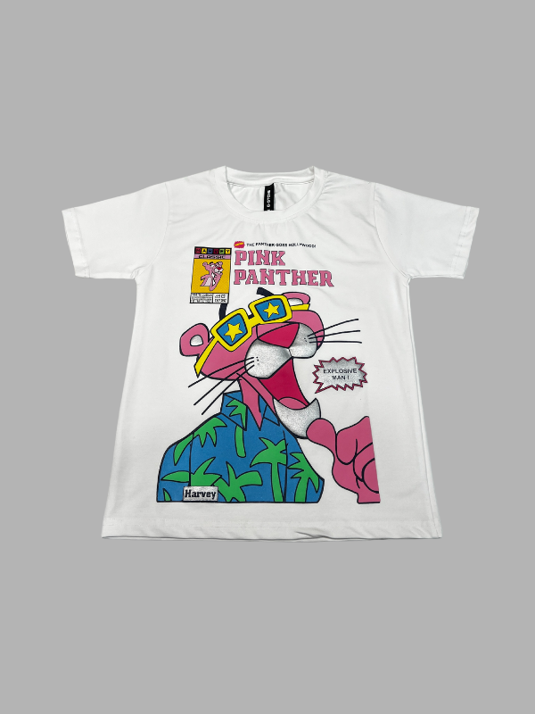 White short-sleeve kids' T-shirt with a retro Pink Panther graphic print wearing yellow sunglasses and a blue Hawaiian shirt. The comic-style design includes the title "PINK PANTHER" and "THE PANTHER GOES HOLLYWOOD!".