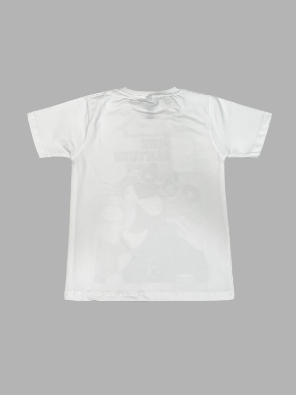 White short-sleeve kids' T-shirt with a retro Pink Panther graphic print wearing yellow sunglasses and a blue Hawaiian shirt. The comic-style design includes the title "PINK PANTHER" and "THE PANTHER GOES HOLLYWOOD!".