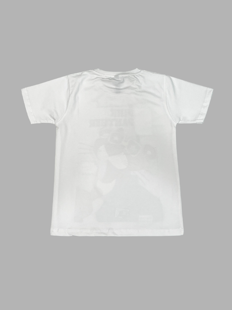 White short-sleeve kids' T-shirt with a retro Pink Panther graphic print wearing yellow sunglasses and a blue Hawaiian shirt. The comic-style design includes the title "PINK PANTHER" and "THE PANTHER GOES HOLLYWOOD!".