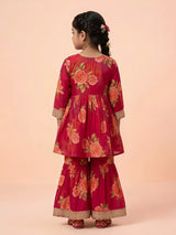 Girls Red Floral Print Embroidered Sharara Set.