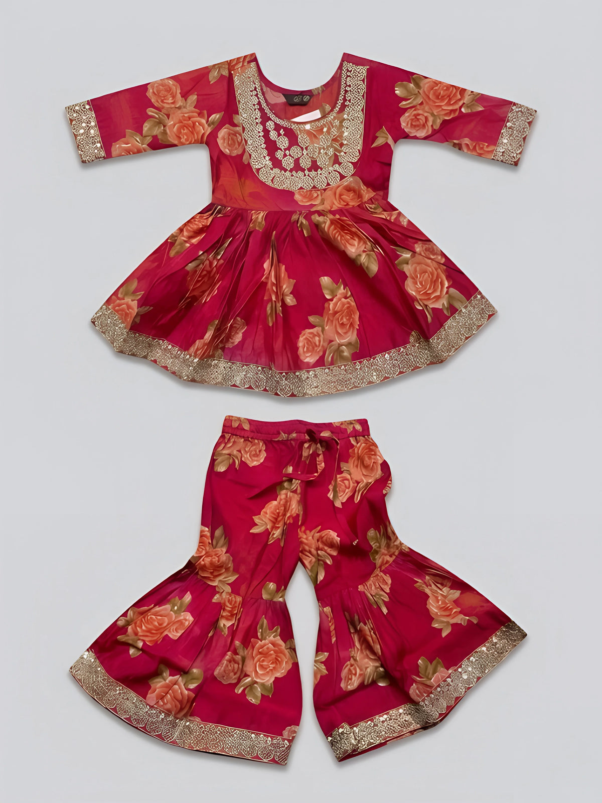 Girls Red Floral Print Embroidered Sharara Set.