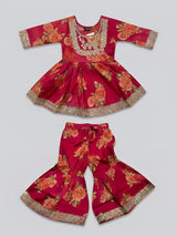 Girls Red Floral Print Embroidered Sharara Set.