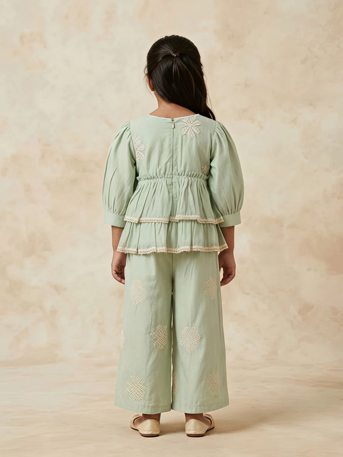 Girls Light Green Angrakha Tiered Kurta and Palazzo Set.