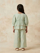 Girls Light Green Angrakha Tiered Kurta and Palazzo Set.