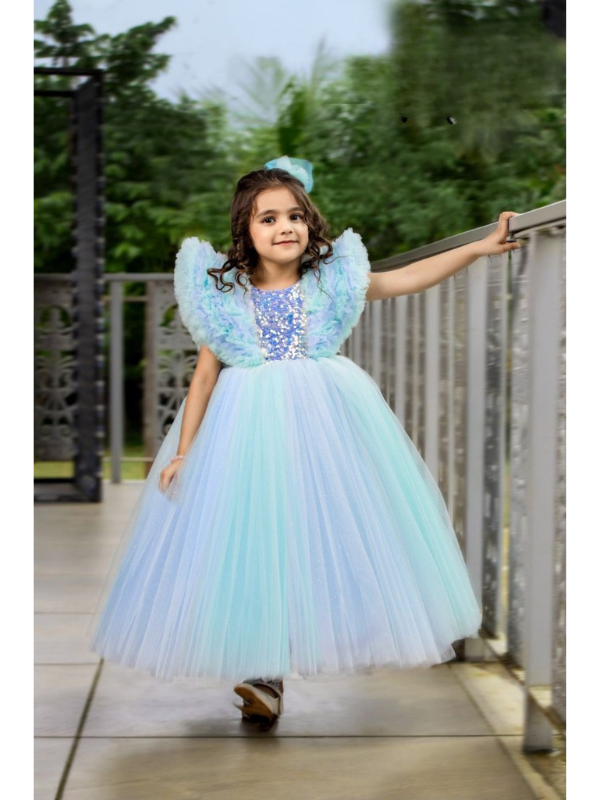 Girls Party Heavy Western Gown With Work - Sky Blue