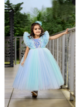 Girls Party Heavy Western Gown With Work - Sky Blue