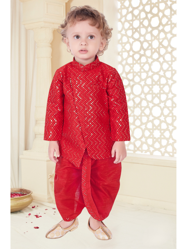 Boys Traditional With Work Kurta Set With Mojdi - Red