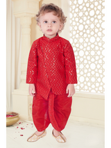 Boys Traditional With Work Kurta Set With Mojdi - Red