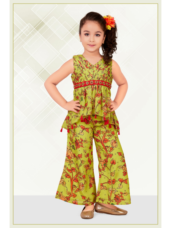 Girls Traditional Sleeves Less Plazo Two Pcs Set - Green