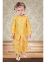 Boys Traditional With Work Kurta Set With Mojdi - Yellow