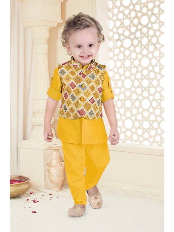 Boys Traditional Printed Chudidar Kurta with Koti - Yellow
