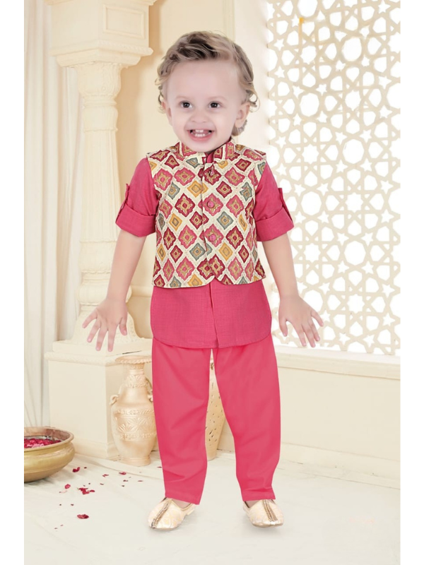 Boys Traditional Printed Chudidar Kurta with Koti - Pink