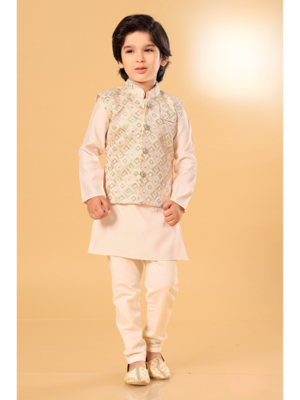 Boys Traditional Self Design Chudidar Kurta with Koti - Cream