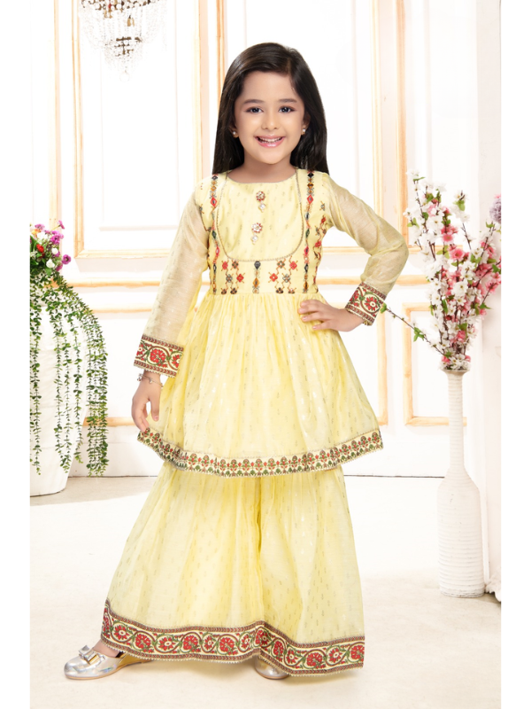 Girls Traditional Full Sleeves Sharara Set - Yellow