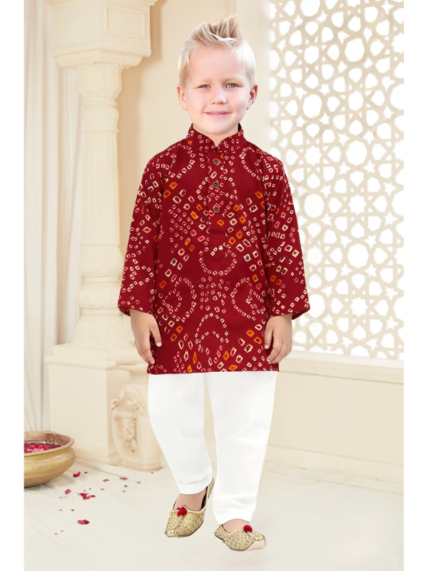 Boys Traditional Printed Chudidar Kurta Set - Maroon