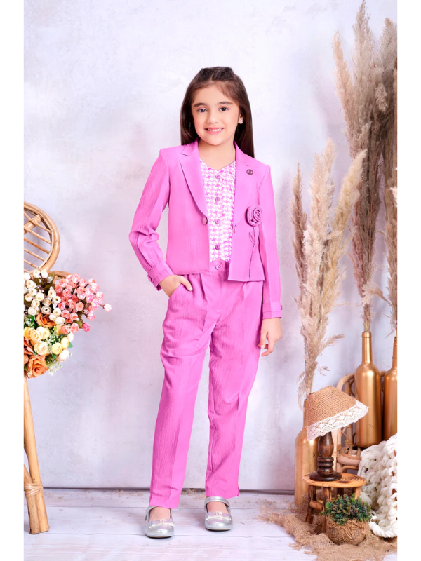 Girls Casual Plain Full Sleeves Pant Two Pcs Set - Purple